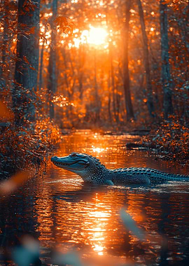 Alligator in swamp at sunset