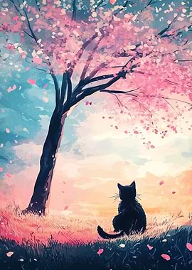 Cat under Cherry Blossom Tree Painting
