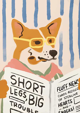 Corgi Reading Newspaper with Pipe