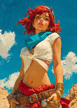 Redhead Nomad Woman in Desert Landscape