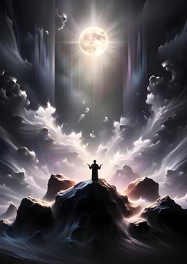 Silhouette on Mountain Peak Under Moonlight