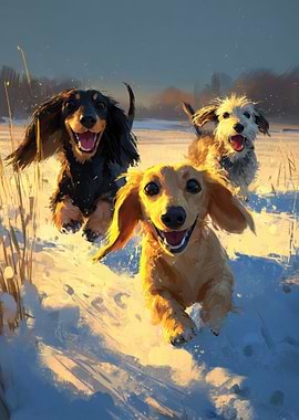 Happy dachshunds Running in Snow