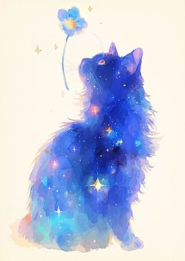 Celestial Cat with Flower Watercolor Painting