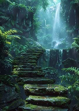 Mossy Steps to Waterfall in Jungle