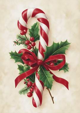 Festive Candy Cane with Holly and Ribbon