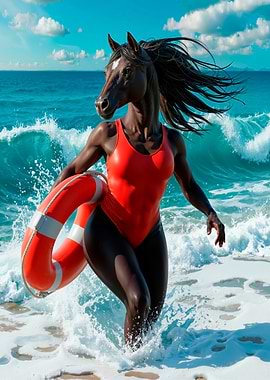 Horse-headed lifeguard on a tropical beach