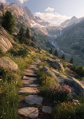 Sunrise Waterfall Stone Path Alps