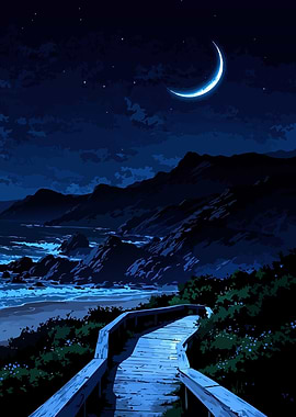 Night Coastline with Crescent Moon