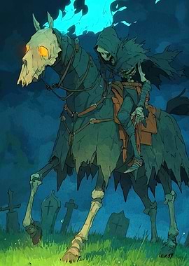 Grim Reaper on Horseback in Graveyard