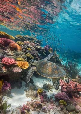 Sea Turtle Swimming in Coral Reef