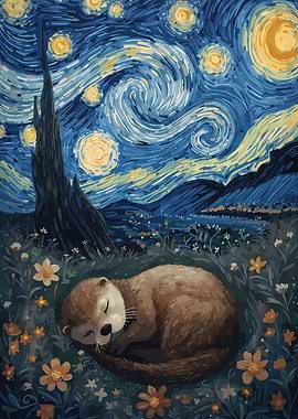 Cute Otter Sleeping Starry Night