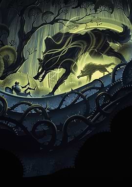 Knight facing wolves in dark forest