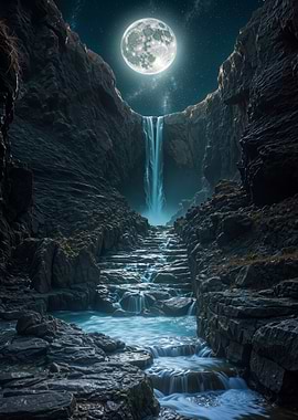 Glowing Waterfall Stone Path