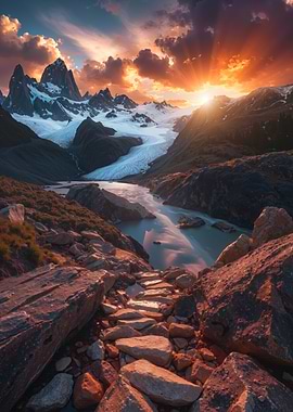 Waterfall Stone Path Sunset