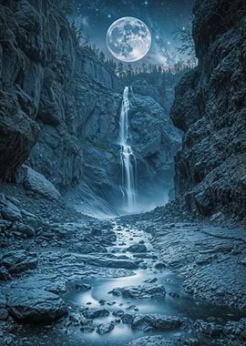 Moonlit Waterfall Stone Path
