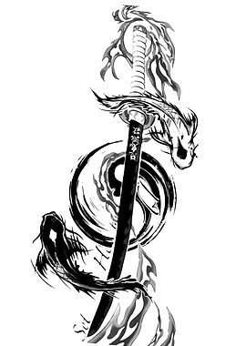 Katana with Dragon Ink Illustration