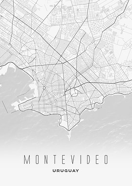 Montevideo, Uruguay - Minimalist Coastal City Map Poster, Monochrome Urban Wall Art