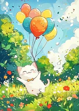Happy Cat with Balloons in Meadow