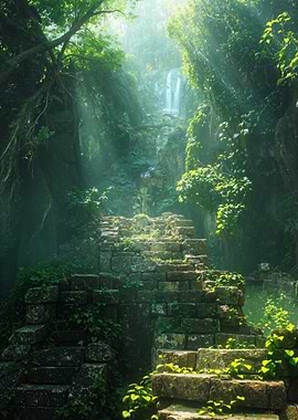Hidden Jungle Waterfall Stone Path