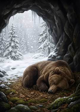 Hibernating Bear in Snowy Cave