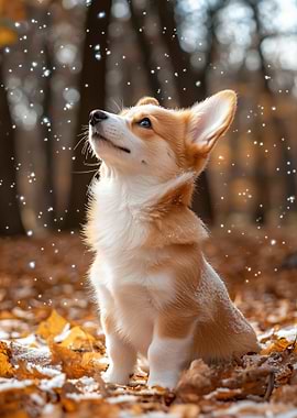 Cute Corgi Puppy in Autumn Leaves