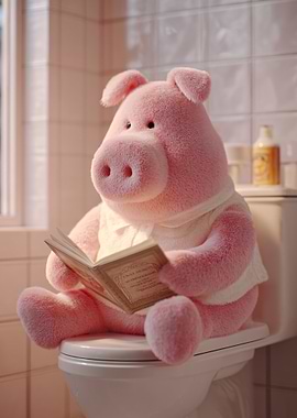 Pig Reading Book on Toilet