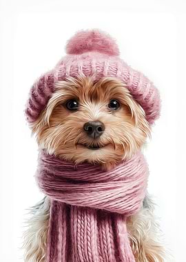 Cozy Yorkshire Terrier in Pink Hat and Scarf
