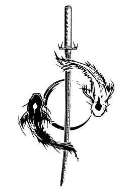 Katana and Koi Fish Black Ink