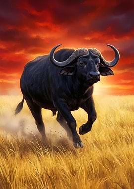 Charging Buffalo in Golden Field