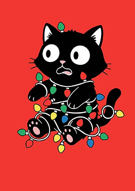 Cartoon Cat Tangled in Christmas Lights