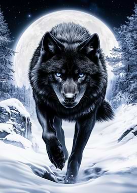 Black Wolf in Winter Moonlight