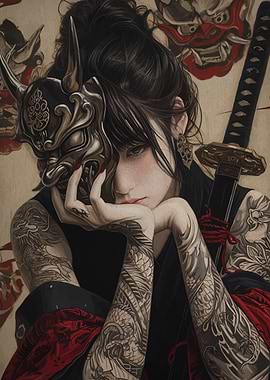 Tattooed Woman with Mask and Katana