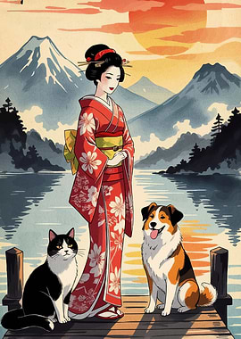 Geisha, Cat, and Dog by Lake