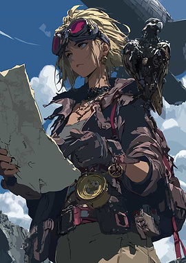 Steampunk Explorer with Map and Hawk