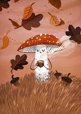 Mushroom with Coffee in Autumn Scene