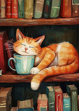 Sleeping Cat on Bookshelf with Mug