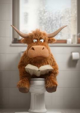 Cartoon Highland Cow Reading on Toilet