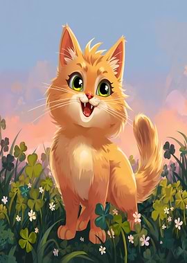 Happy Cartoon Cat in Clover Field