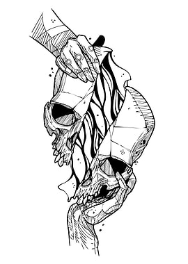 Skull Held by Hands Ink Drawing