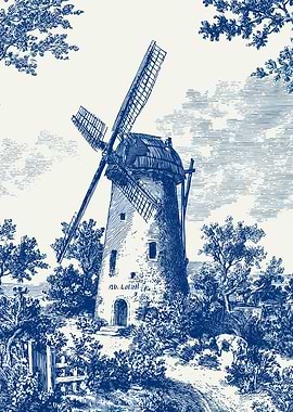 Blue and White Windmill Landscape