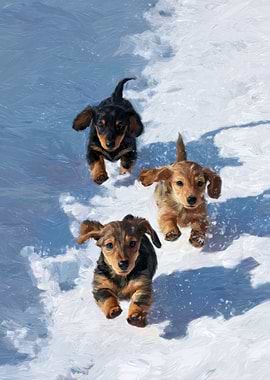 Dachshund Puppies Running in Snow