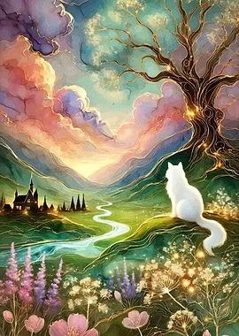 Watercolor Landscape with Cat and Castle