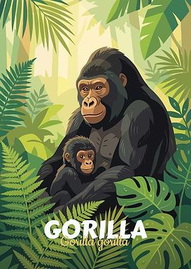 Gorilla Mother and Baby Illustration