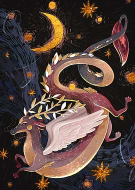 Winged Dragon in Starry Night