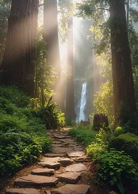 Waterfall Stone Path Foggy Forest