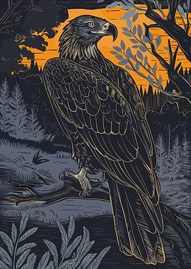 Eagle Perched on Branch at Sunset