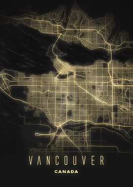 Illuminated Vancouver, Canada - Night Waterfront City Map Poster, Modern Urban Wall Art