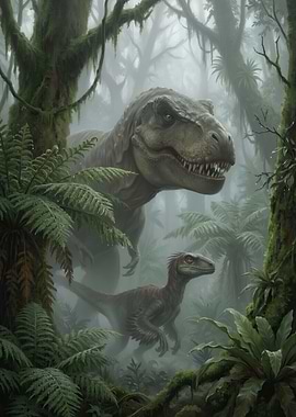 Dinosaurs in a Misty Jungle
