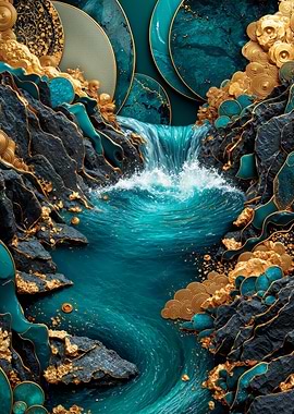 Teal And Gold Waterfall