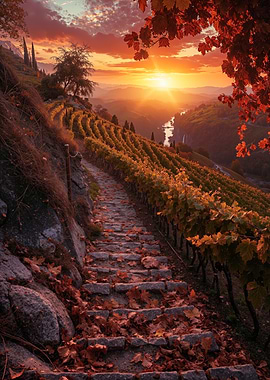 Autumn Vineyard Path at Sunset